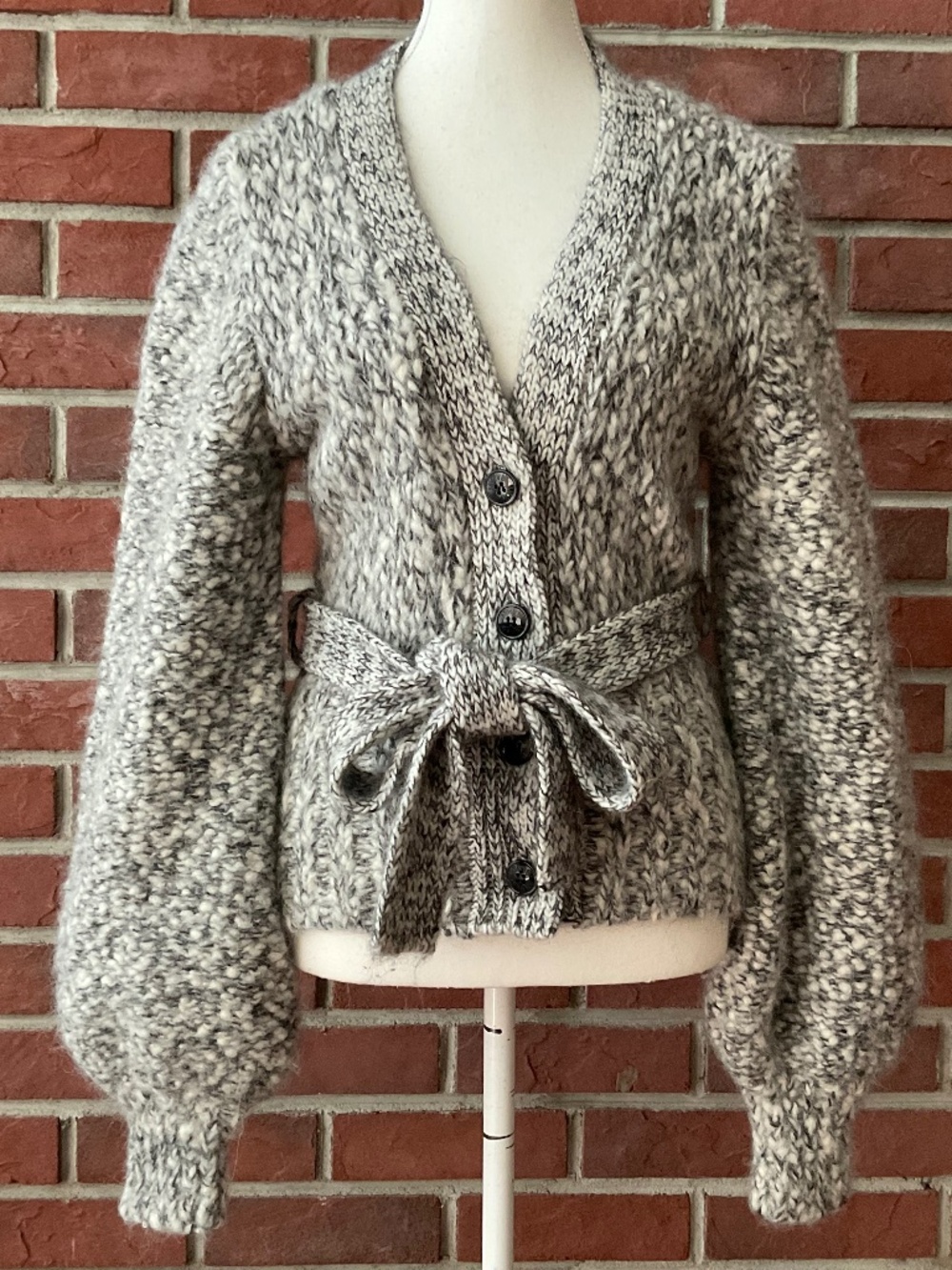 Ganni Melange Alpaca Wool Blend Balloon Sleeves Belted Cardigan Size S NEW